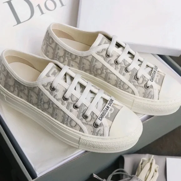 Dior White and Beige Low-Top Monogram Sneakers